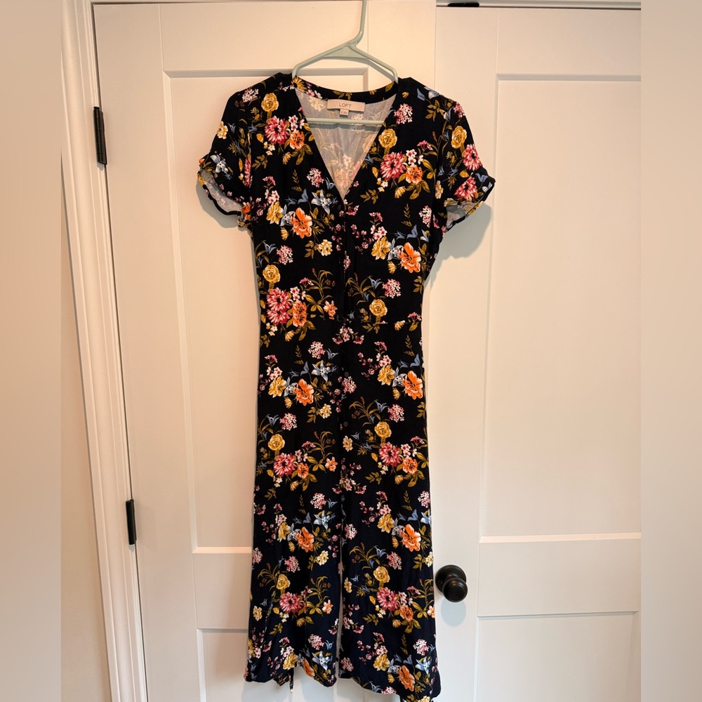 LOFT Black Floral Midi Dress